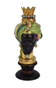 Ceramic Nubian Bust on Wood Pedestal, 19"H x 8"w