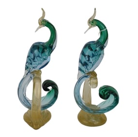Pair Murano Glass Birds, Blue, Greens with Gold Fleck Branches, 14"h x 5"w