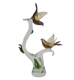Murano Grouping of 2 Birds with Gold Flecks on Clear Abstract Branches, 19" x 11"w