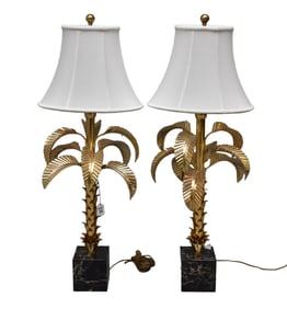 Pair Lamps, Hollywood Regency Style Palm Fronds, Attached Black Marble Bases, 37"h