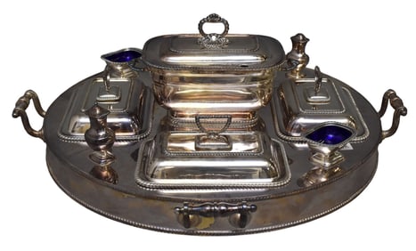 Revolving Silverplate Lazy Susan Warmer with Hot Water Well, 4 Handles, Fitted Center Tureen and 4
