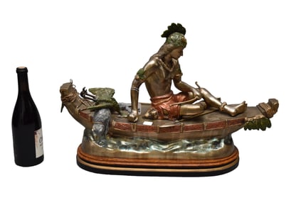 Bronze Grouping, Indian In Canoe With Prey, after CM Russell, 18"h x 26"w