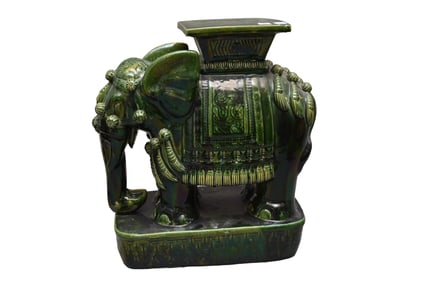 Majolica Glazed Terracotta Green Elephant Garden Seat, 22"H x 18"w x 10"d