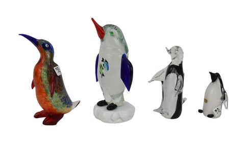 4 Assorted Murano Art Glass Penguins, 12"h largest, 6"h smallest