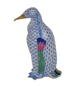 Herend Porcelain Blue Fishnet Penguin, 7"h