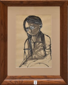 Ruth Schloss (Israel 1922-2013) Gouache/Pen and Ink, oil on canvas, image size 17 1/2 x 12