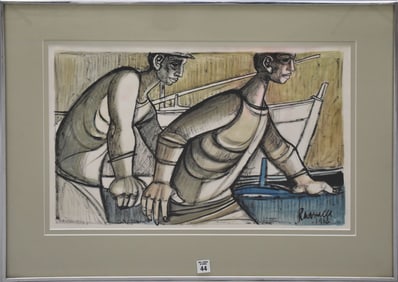 Lucio Ranucci (Italian, 1924 - 2017) Gouache- 1968.   2 men and fishing boat, image size 14 x 22