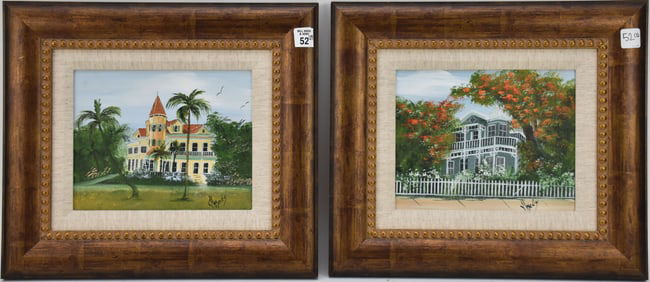Pair of Jeannie MAES oil on canvas, Key West Duval Street southernmost house 8 x 10?? sold with
