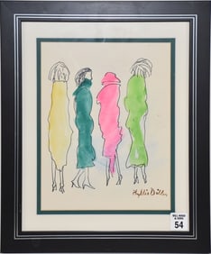 Phyllis Diller (1917-2012) Watercolor and ink, 4 ladies standing.   Painting 8 x 10 inches. 13-1/2 x