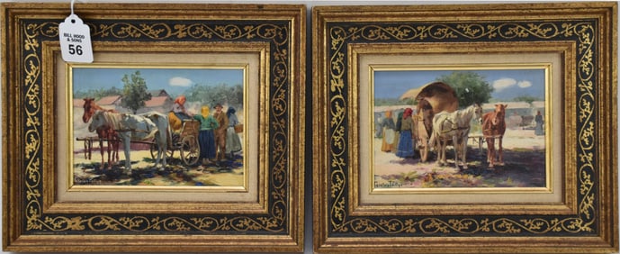Carolus Pallyia (Hungary,1875-1930) oil paintings. Pair of small oil on board Paintings people