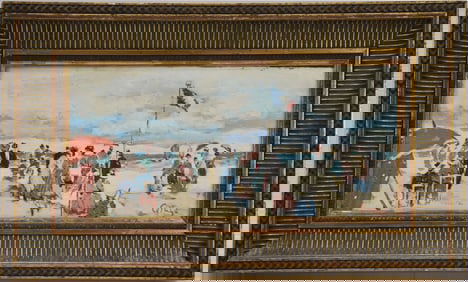 French Beach Scene signed illegibly, Oil on panel, painting 6 x 12 1/2 inches. 10 x 16 1/2 inches