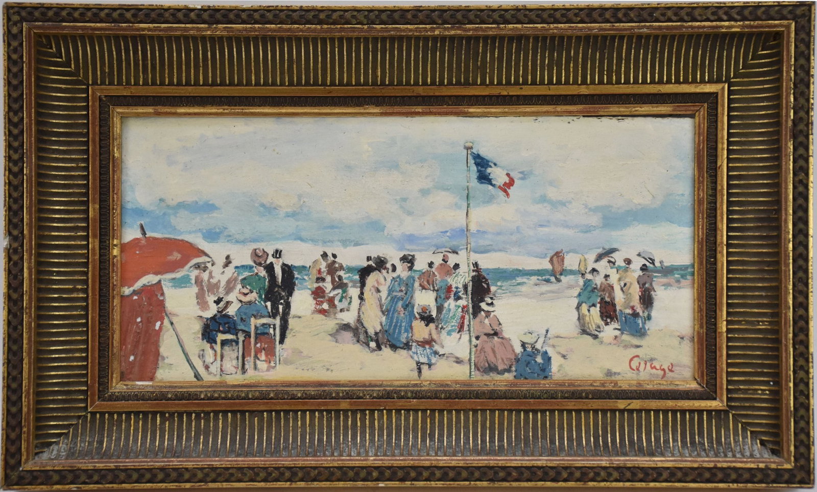 French Beach Scene signed illegibly, Oil on panel, painting 6 x 12 1/2 inches. 10 x 16 1/2 inches (1 of 7)