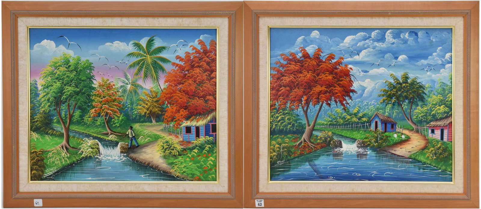 Pair of Haitian landscape scenes sign Stanley,  oil on canvas 19 x 23“ overall frame size 25 1/4 x (1 of 12)