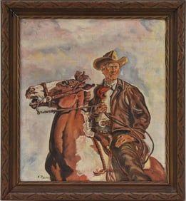 Cowboy on horse, oil on canvas, signed illegibly F. Bauer??  lower left,  canvas 18 1/4 x 16 1/4
