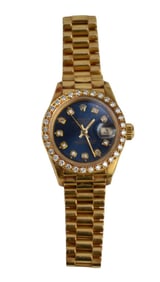 Rolex Datejust 18k Yellow Gold Blue Diamond Ladies 26mm Oyster Watch with certificate, box and