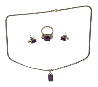 14K White Gold Amethyst Diamond Matching Necklace, Ring, And Earrings. Total wt. 14.8 grams.