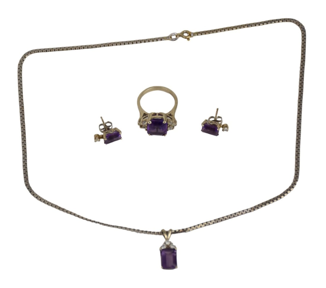 14K White Gold Amethyst Diamond Matching Necklace, Ring, And Earrings. Total wt. 14.8 grams. (1 of 4)