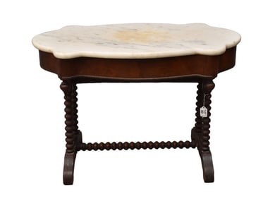 Walnut 19th c. Victorian occasional table, spool supports and stretcher with white marble top, 21"h