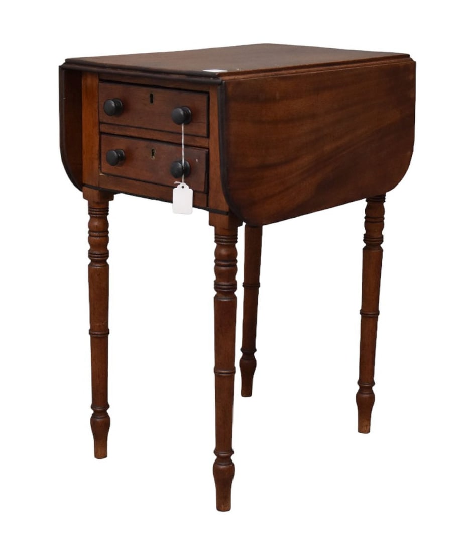 Diminutive English circa 1840's 2 drawer stand with drop leaves and 2 faux drawers on turned legs (1 of 7)