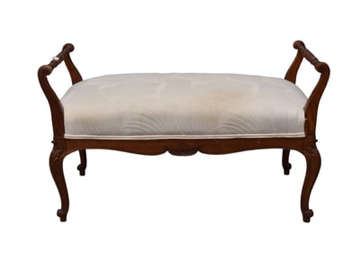 Country French Frame Bench with ivory upholstery, 23 1/2"h" up to handles x 40"w handle to handle x