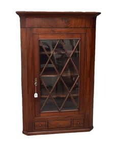 Hanging 18th c. Corner Cupboard, Glazed Window Panes, 3 Shaped Interior Shelves Over Side by Side