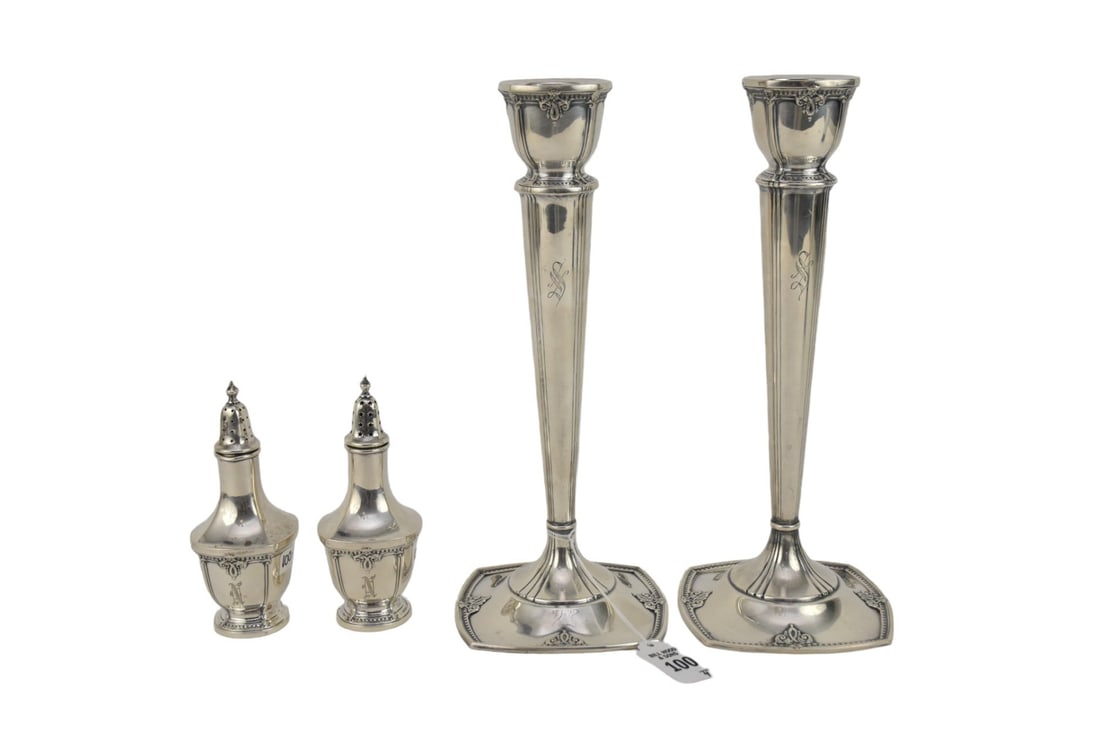 International TRIANON Sterling Silver Pair Candlesticks & Salt/Pepper Shakers - Group of sterling (1 of 6)