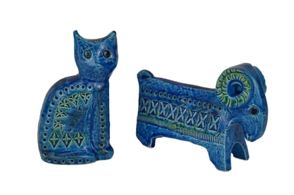 2 Pcs. Flavia Montelupo Italy Blue Glazed Pottery, Ram (4 1/2"h x 7"w) & Cat (6"h)
