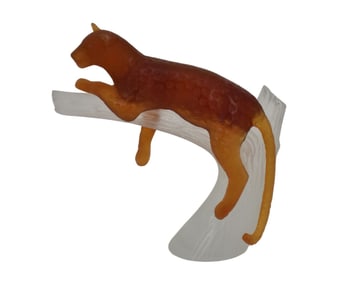 Daum Art Glass Reclining Leopard on Branch in Amber Color, 6"h x 6"w