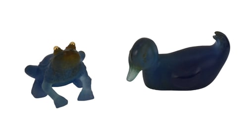 2 Daum Art Glass Sculptures, Blue Frog (2 1/2"h x 4"w) and Duck (2"h x 5"w)