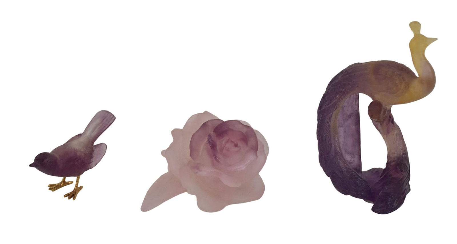 3 Daum Art Glass Sculptures, Lavender Peacock, Pink Rose Blossom (chip to leaf), Lavender Tiny Bird, (1 of 5)
