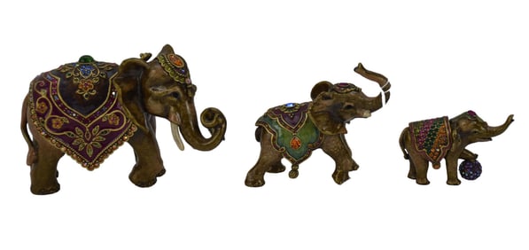Group of 3 Jay Strongwater Jeweled Elephant Figures, Smallest is Pill Box, (3 1/2"h x 6"w largest)