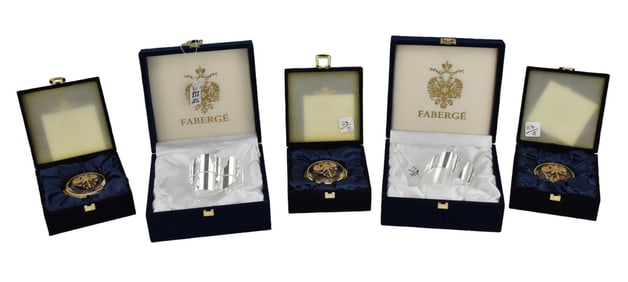 3 Faberge Gilded & Enameled Paperweights (Original Boxes) AND 2 Faberge Crystal Heart Paperweights