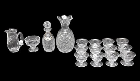 Crystal Lot, incl; 12 Stuart England Glass Desserts, Waterford Crystal Pitcher, Waterford Decanter,