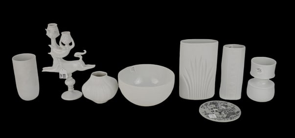 8 Rosenthal White Porcelain Pcs, Assorted Tablewares, Candlesticks (12"h), Vases, Bowl and Trivet
