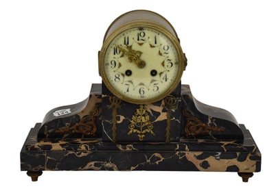 Marble Mantle Clock with Handpainted Face, 10 1/2"h x 14 1/2"w x 5"d