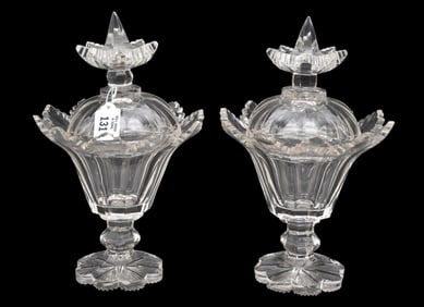 Pair Continental Glass Sweet Meat Dishes with Lids, 12"h