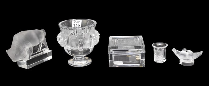 5 Pcs. Lalique Tablewares, Bull, Pedestal Bowl (4 3/4"h x 4"w), Box with nude on Lid (3 3/4"square),