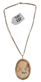 14K Yellow Gold Necklace Large Cameo Pendant with Diamond Accent. Necklace is 14K yellow and white