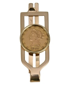 14K Yellow Gold Money Clip with 1907 Liberty Gold $10 Coin. Total wt. 37.9 grams