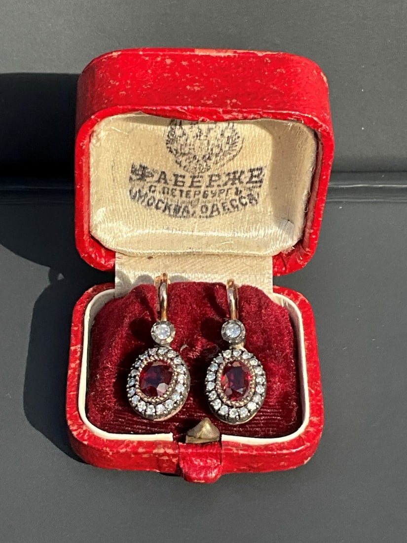Russian Antique gold Diamonds Spinel: Russian Antique gold Diamonds Spinel Earrings Antique St.Petersburg rose gold 14 carat earrings with the diamonds and Spinel each one about 1 carat , marked 56 and makers mark.