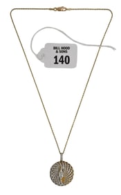 18K Yellow & White Gold Diamond Swirl Pendant with 14K Gold Necklace. Pendant has a 3/4 carat