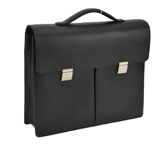 Louis Vuitton Taiga Serviette Khazan 1 Soufflet Black Leather Briefcase, 12"h x 15"w (Good Used