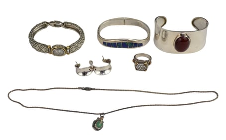 Sterling Silver Jewelry lot. Bracelets, Necklace, Ring, Earrings. 3 Bracelets Bangles. 1 ring marked