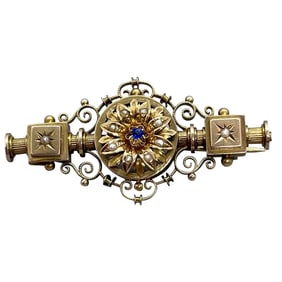 Antique Victorian Sapphire & Pearl Brooch 14K A fanciful Victorian brooch crafted in 14K rosy yellow