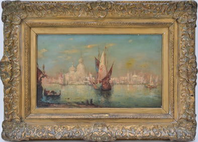 Carl Muller (Austria 1862-1938) Oil on board,  Grand Canal Venice Harbor boats. signed lower right,