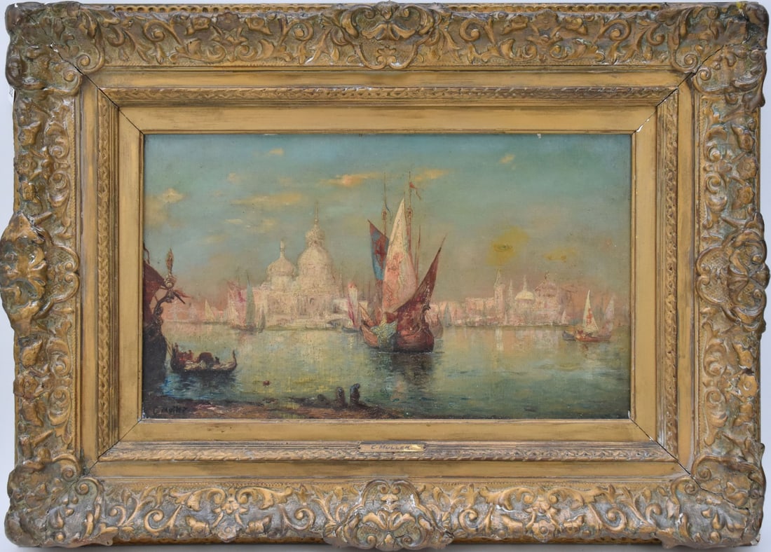 Carl Muller (Austria 1862-1938) Oil on board,  Grand Canal Venice Harbor boats. signed lower right, (1 of 7)