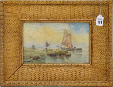William Hart oil on board 7 x 11 inches. Bringing home the catch. Overall frame size 13 1/2 x 7 ½