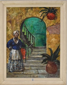 James Brzezinski (Born 1955) oil on Masonite board.  Lady by Stairway, New Orleans, dated 1983.