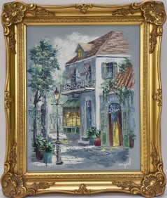 Myrl D'Arcy (20th Century New Orleans)  Oil on canvas. French Quarter Courtyard Scene. canvas 14 x