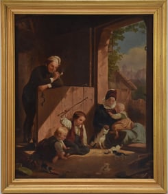 19 century oil on tin Interior Painting, school of Frederick Eduard Meyerheim, Catch the mouse.